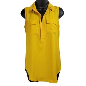 LOFT Women's Mustard Yellow Sleeveless Collared Button Pocket‎ Utility Shirt XS